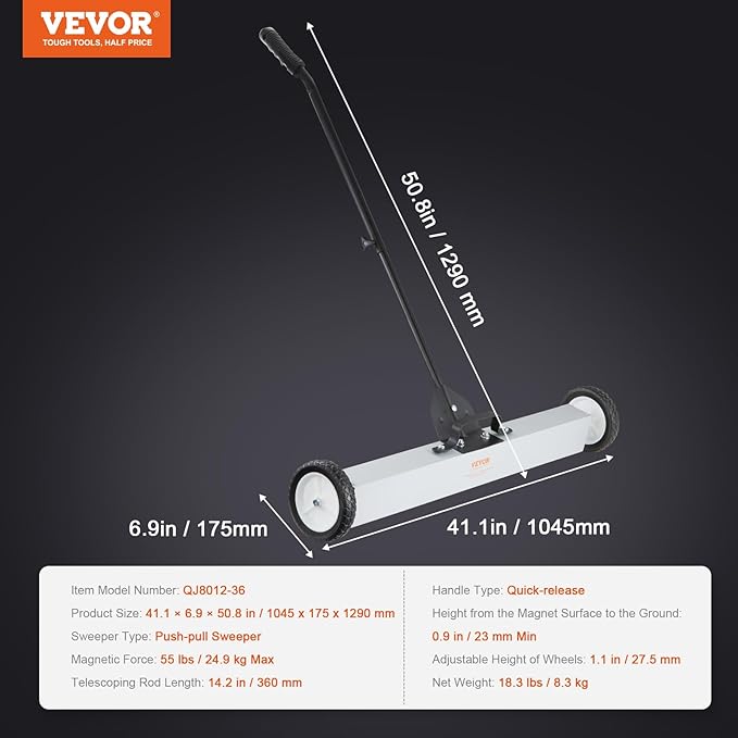 VEVOR 55Lbs Rolling Magnetic Sweeper with Wheels, 36-inch Large Magnet Pickup Lawn Sweeper with Telescoping Handle, Push-Type Magnetic Pick Up Sweeper, Easy Cleanup of Workshop Yard Garage