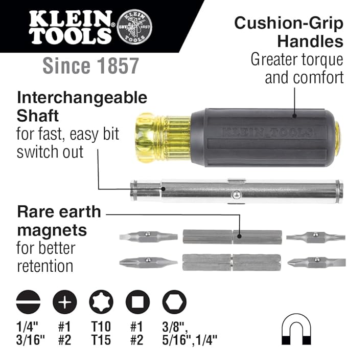 Klein Tools 32500MAG Magnetic Multi-Bit Screwdriver/Nut Driver, 11-in-1 Multi Tool with 8 Bits, 3 Nut Driver Sizes, Cushion Grip Handle