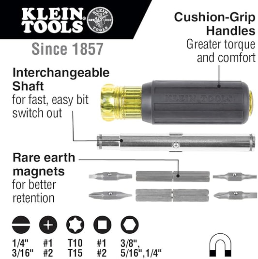 Klein Tools 32500MAG Magnetic Multi-Bit Screwdriver/Nut Driver, 11-in-1 Multi Tool with 8 Bits, 3 Nut Driver Sizes, Cushion Grip Handle