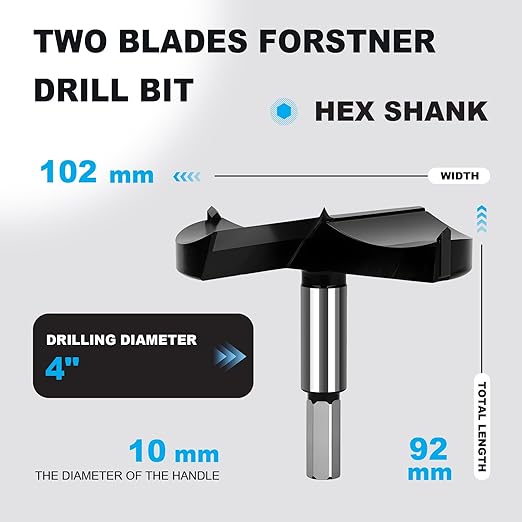 4 Inch Forstner Drill Bit Carbide Tipped,Woodworking Hinge Cutter for Precise Flat Bottom Holes in Hard Wood,Plywood,Plastic - Professional Grade