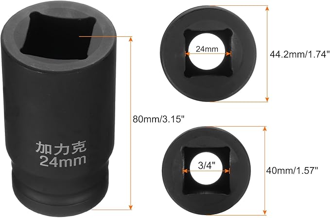 HARFINGTON 4 Point Square Socket 3/4" Drive by 24mm Metric Square Impact Socket 40CR Blackening Standard Wheel Sockets Pneumatic Socket Tool for Auto Repair Mechanical Maintenance Home Use