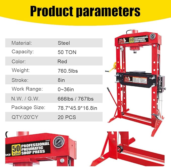 50 Ton H-Frame Hydraulic Shop Press with Floor Press Plates for Garage Shop