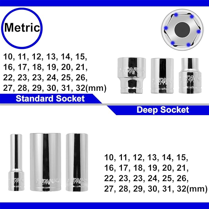 Stark Elite 1/2" Drive 84pcs Impact Socket MASTER SET, SAE & Metric from 3/8 Inch - 1-5/16 Inch, 10mm - 32mm, Standard/Deep Sockets with Case