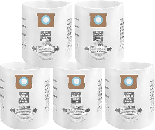 for Shop Vac Bags 10-14 Gallon, Type F 90662 9066200 9066233; Type I 90672 9067200 9067233; VF2005, High Efficiency Disposable Fine Dust Collection Vacuum Filter Bags (5 Pack)