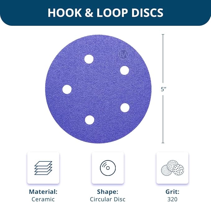 Benchmark Abrasives 5" Premium Ceramic 5 Holes Film Backed Hook and Loop Discs For Sanding of Metals Non-Ferrous Metals Wood Plastic Fiberglass (Pack of 50) - 320 Grit