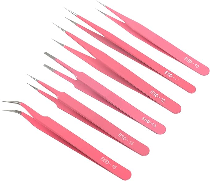 H&W Pink Precision Tweezers 6PCS Set, Upgraded Anti-Static Stainless Steel Curved of Tweezers for Women, for Electronics, Laboratory Work, Jewelry-Making, Craft, with Storage Bag