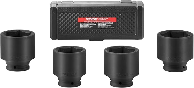 VEVOR Axle Nut Impact Socket Set, 1/2" Drive 6-Point 4-Piece SAE Spindle Nut Socket Set, CR-MO Heat Treated Large Socket Set with Storage Case, for Auto Repair, Removing or Installing Axle Nuts
