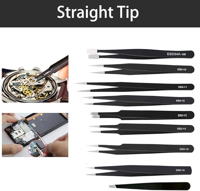 BOENFU Precision Tweezers Set 12 PCS Electronic Tweezers ESD 11, 12, 13, 15, 17 Pointed Tip Tweezers Kit for Electronics,Soldering, Craft, Jewelry, Ingrown, Eyelash