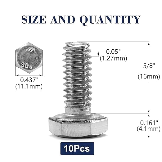 1/4-20 x 5/8" Hex Head Screw Bolt, 10Pcs 18-8 (304) Stainless Steel, Fully Threaded, Plain Finish, by SG TZH