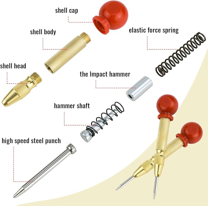 2 Pack Automatic Center Punch, 5 Inch Crushing Hand Tool Spring Punch with Cushion Cap, Metal Impact Center Hole Punch for Metal Wood Glass Plastic(Gold)