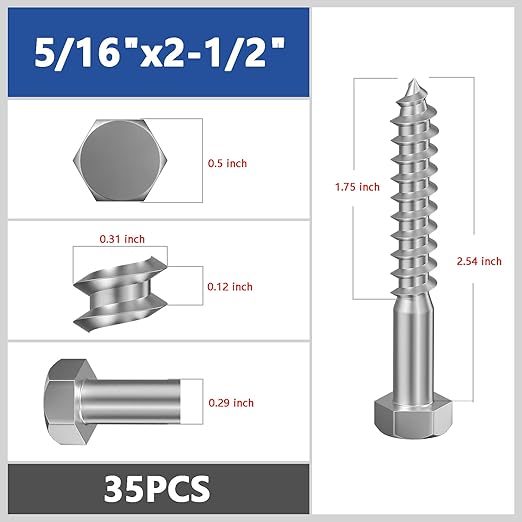 Lag Screws Wood Screws (35PCS, 5/16" x2-1/2, Silver) Hex Head Lag Bolts,(8x65) Heavy Duty Lag Screws,304 Stainless Steel Bolts 18-8