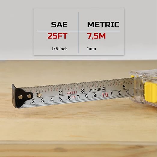 Lichamp 25FT/7.5M SAE and Metric Tape Measure 6 Pack, Retractable and Easy Read Measuring Tape Bulk Set, Min 1/8 inch Fraction and 1mm Scale, Crystal Case E6TP