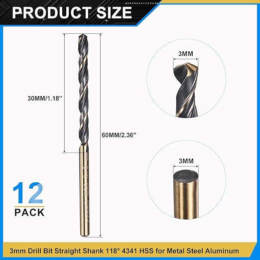 PATIKIL 3mm Drill Bit, Jobber Straight Shank 4341 High-Speed Steel 118째 Black and Gold Finish for Medium-Hard Metal Steel Acrylic - 12 Pack