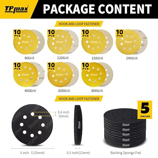 70PCS 5 Inch 125mm 8 Hole Sanding Discs Sandpaper Mixed Grits with 5 Pack Hook and Loop Soft Density Interface Pads for Random Orbital Sander (80, 120, 150, 240, 400, 600, 800 Grit Variety Pack)
