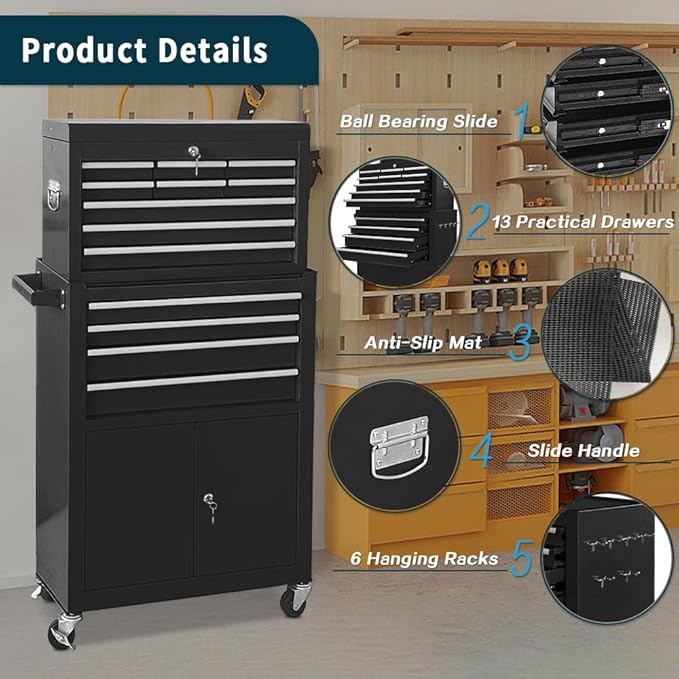 Tool Chest 13-Drawer with Double Door and wheels, Large Detachable Toolbox with Sliding Drawers, Mechanic Tool Box Storage Cabinets, Metal Tool Cart for Garage Workshop (BLACK)