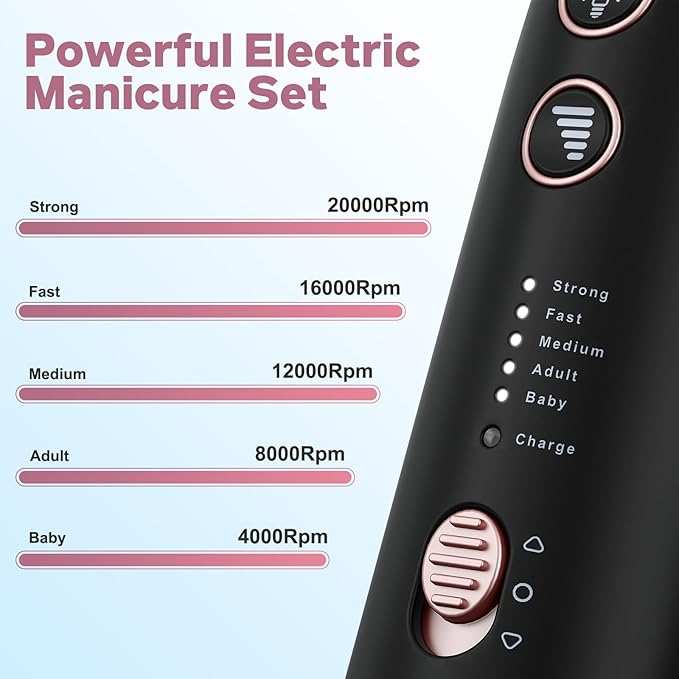 AOMEES Electric Nail File Kit, Rechargeable Professional Manicure Pedicure Kit, 5 Speeds Hand Foot Care Tool for Nail Grind Trim Polish - with 100Pcs Fine Grit Nail File Sanding Tape