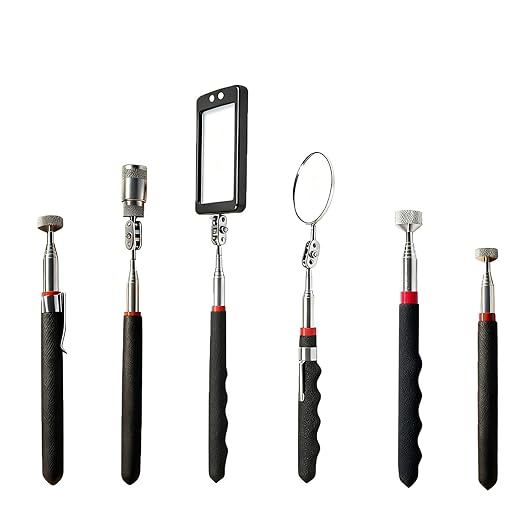 Telescoping Magnetic Pickup Tool Set, 2Pcs Round and Square Inspection Mirror Telescoping with LED Lights, 2Pcs Magnet Stick Best Gadgets Gifts for Men (Black, 6 Pack)