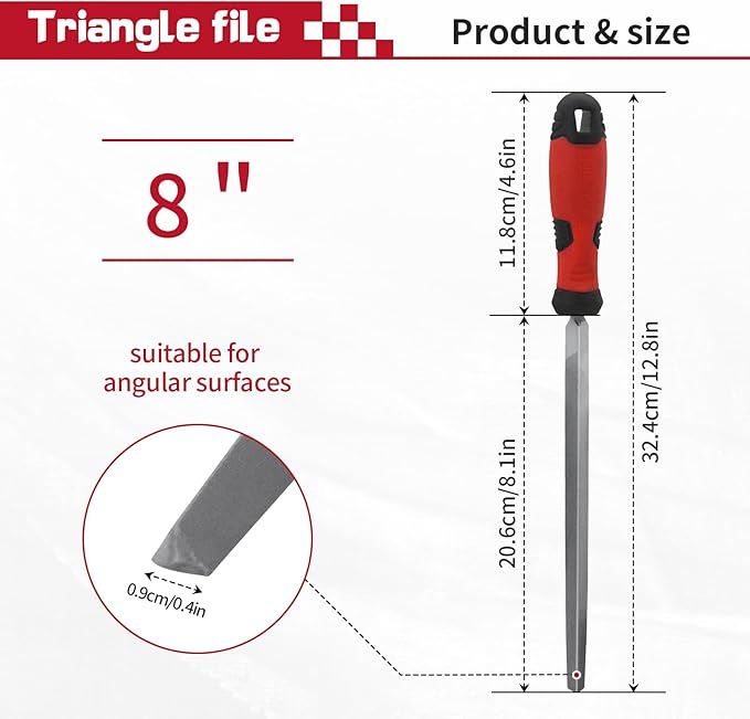 8 Inch Triangle Metal File, Professional Carbon Steel File Tool Metal File with Rubber Anti Slip Handle, Hand Triangle File for Filing or Trimming Holes Ideal for Wood, Metal, Plastic