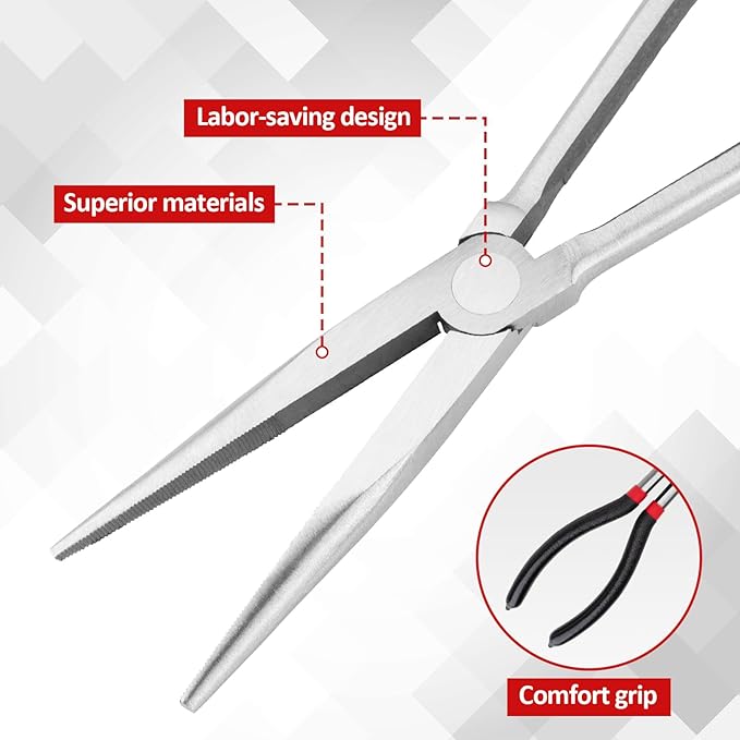 5Pcs Bent Nose Pliers 11 Inch Extra Long Needle Nose Pliers Set, Straight, 25째/45째/90째 Bent, Circle Nose for Narrow Spaces, Hard to Reach Areas & Precision Work