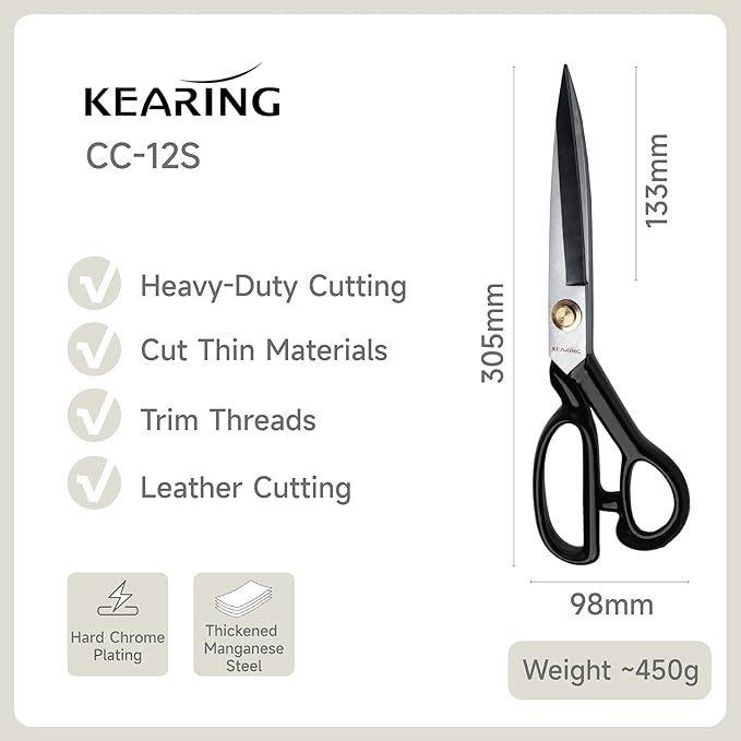KEARING 12 Inch Heavy Duty Fabric Scissors, Professional Tailor Shears for Precision Cutting of Leather, Denim, and Multi-Layer Fabrics for Sewing, Dressmaking, Cutting - 1 lb - Right-Handed
