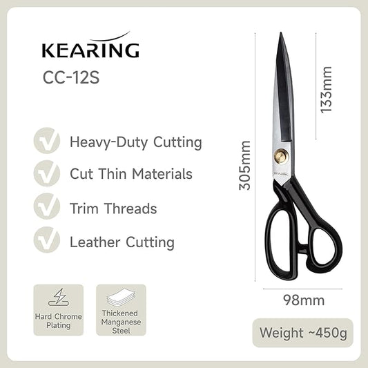 KEARING 12 Inch Heavy Duty Fabric Scissors, Professional Tailor Shears for Precision Cutting of Leather, Denim, and Multi-Layer Fabrics for Sewing, Dressmaking, Cutting - 1 lb - Right-Handed