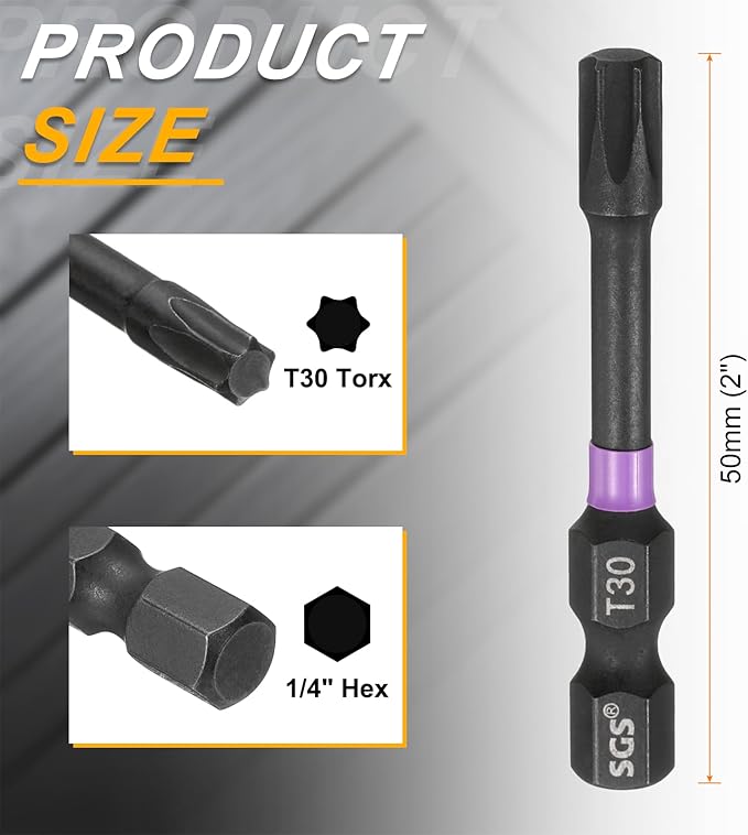 HARFINGTON 5pcs T30 Torx Head Impact Screwdriver Bits 1/4" Hex Shank 2" (50mm) Long Magnetic No Hole Tamper Proof 6 Point Star Screw Driver Drill Bits Phosphate S2 Steel Power Tools
