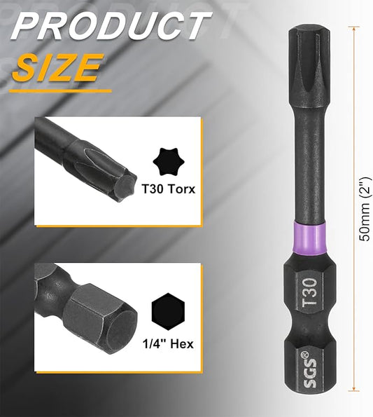 HARFINGTON 5pcs T30 Torx Head Impact Screwdriver Bits 1/4" Hex Shank 2" (50mm) Long Magnetic No Hole Tamper Proof 6 Point Star Screw Driver Drill Bits Phosphate S2 Steel Power Tools