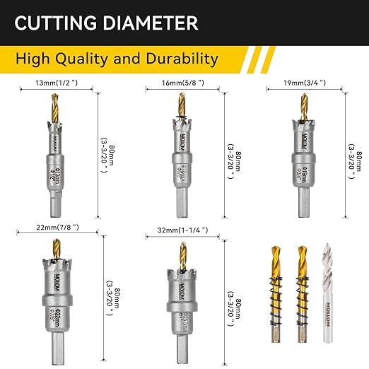 Mollom 5Pcs Hole Saw(13-25.5mm) TCT Carbide Tipped Hole Saw Kit for Hard Metal, Extra 2xTitanium & 1xStepped Pilot Drill bits and 2Pcs Hex Key for Stainless Steel, Iron,Aluminum,Alloy,Metal