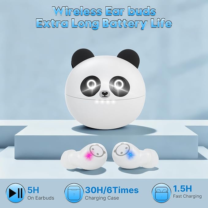 Wireless Earbuds, Bluetooth 5.3 Earpods HiFi Bass Stereo, Headphones Wireless Bluetooth, Kids Headphones Long Playtime, Earbuds with Microphone, Ear buds with Multifuntional Touch Screen(White Panda)