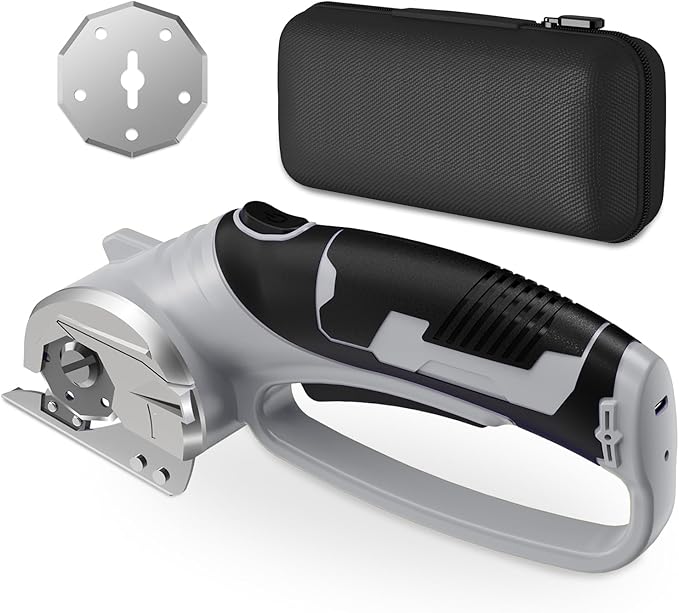 Cordless Electric Scissors, 4V Rechargeable Box Cutter & Cardboard Cutter with LED Light, Safety Lock - Rotary Cutter for Fabric, Leather, Carpet, Plastic, Crafting, Sewing with Storage Box (Grey)