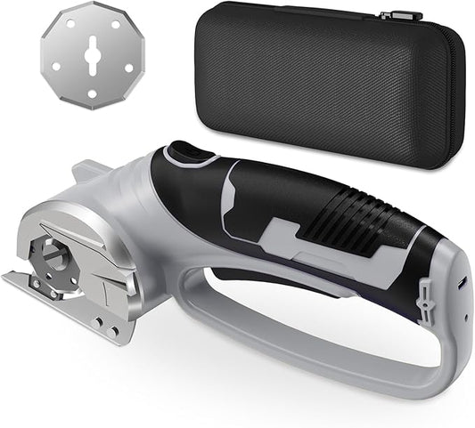 Cordless Electric Scissors, 4V Rechargeable Box Cutter & Cardboard Cutter with LED Light, Safety Lock - Rotary Cutter for Fabric, Leather, Carpet, Plastic, Crafting, Sewing with Storage Box (Grey)