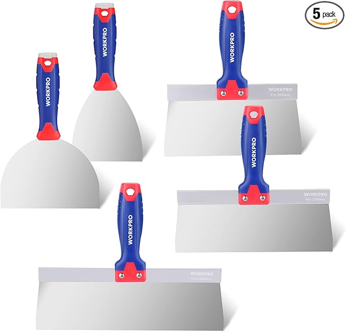 WORKPRO Drywall Knife Set, Stainless Steel Taping Knife Putty Knife with 4", 6'', 8'', 10'', 12'' Blades and Alloy Metal Hammer End, Spackle Tools for Drywall Repairing and Finishing(5 PCS)