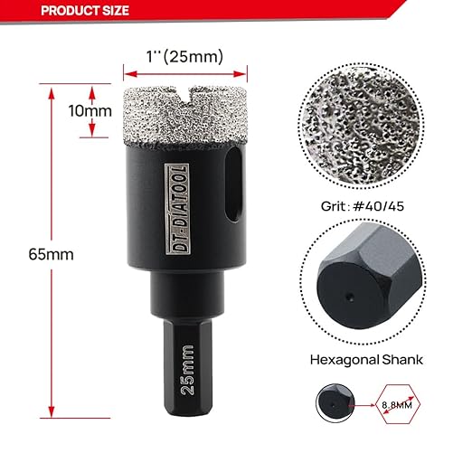 DT-DIATOOL Diamond Core Drill Bit 1 Inch for Porcelain Tile Ceramic Marble Artificial Stone Diamond Hole Saw Hex Shank