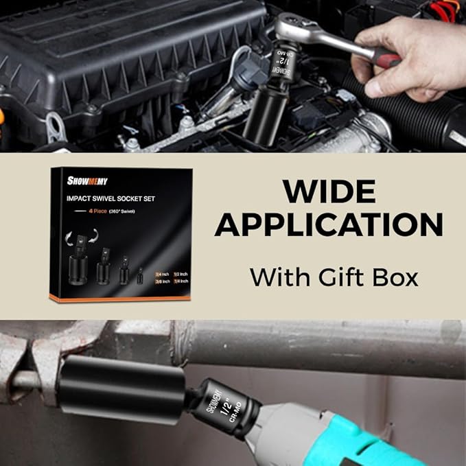 Universal Joint-Socket, Impact Swivel Socket Set, 4-Piece, 1/4-Inch, 3/8-Inch, 1/2-Inch竊?/4-Inch Drive Set.