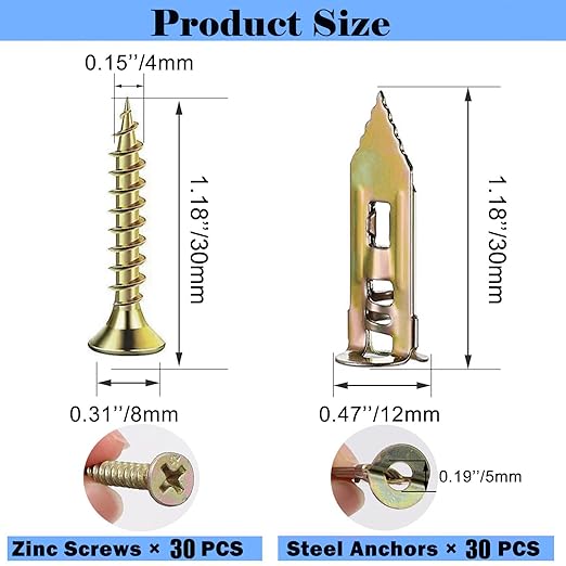 60PCS 0.47x1.18 inch Self-Drilling Anchors, Ancors and Screws for Heavy Duty, Metal Screw Anchors Kit, No Drill and Holes in Wall