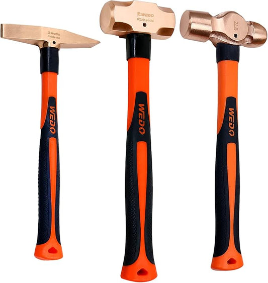 WEDO 3PCS Copper Hammer Set with Fiberglass Handle,3lb Sledge Hammer,300g Scaling Hammer,2lb Ball Pein Hammer,Die-Forge,Corrosion Resistant