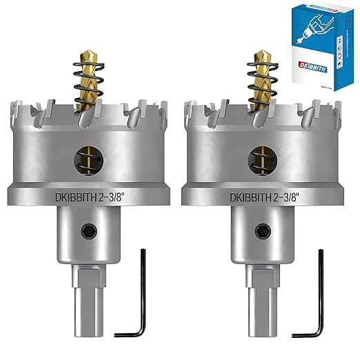 DKIBBITH TCT Hole Saw Set, 2-Pack 2-3/8" (60mm) Heavy Duty Tungsten Carbide Tipped Hole Cutters for Stainless Steel, Copper, Iron, Brass, Plastic with Titanium-Plated Pilot Drill Bits