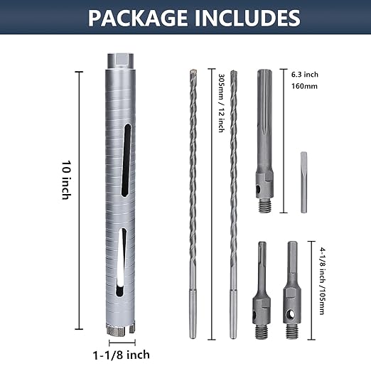 1-1/8 inch Diamond Dry Core Drill Bit, 10" Drilling Depth, 5/8"-11 Thread Core Drill Bit for Concrete Masonry Brick Block, Includes 3 Adapters SDS Plus, SDS Max and Hex (1-1/8 inch)