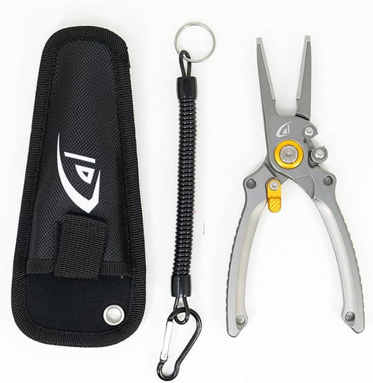 danco Aluminum 7.5??Precision Fishing Pliers with Stainless Steel Jaws, Cuts Braid with Ultra-Sharp Tungsten Carbide Side Cutter, Lockable, with Sheath, Perfect for Fresh & Saltwater
