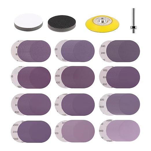POLIWELL 148Pcs 3 Inch Sanding Discs Hook and Loop, Purple Alumina Abrasive Sandpaper (80-5000 Girt) with 1/4??Backing Pad and Soft Interface Pad for Wood, Metal, Drywall, Polishing, Grinding