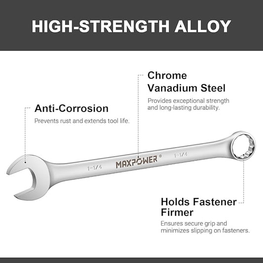 MAXPOWER 1-1/4 Inch Combination Wrench, Industrial Grade Spanners with 12 Point Box End, Durable Chrome Vanadium Steel with Off Corners Design, 15 Degree Offset - SAE