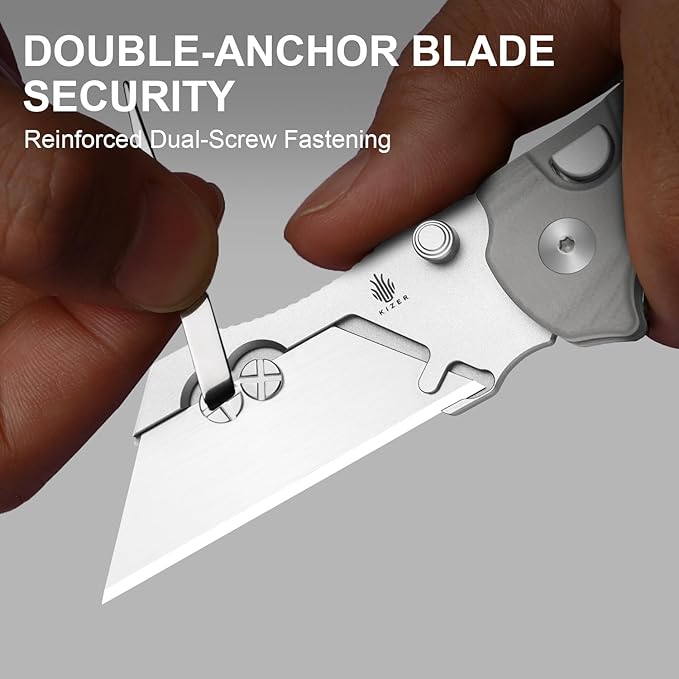 Kizer C01C Uti 1 (Dual-screw Version) Utility Knife, Button Liner Lock Box Cutter EDC Pocket Knife with 5PCS Razor Blades, Gray G10 Handle Small Folding Knives with Clip for Men Women, V3488.29JSA1