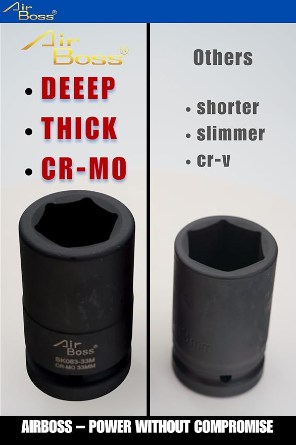 AirBoss 33MM 1" Drive CR-MO Steel DEEP 6 Point Radius Corner Design Chamfered Opening 1" Impact Socket