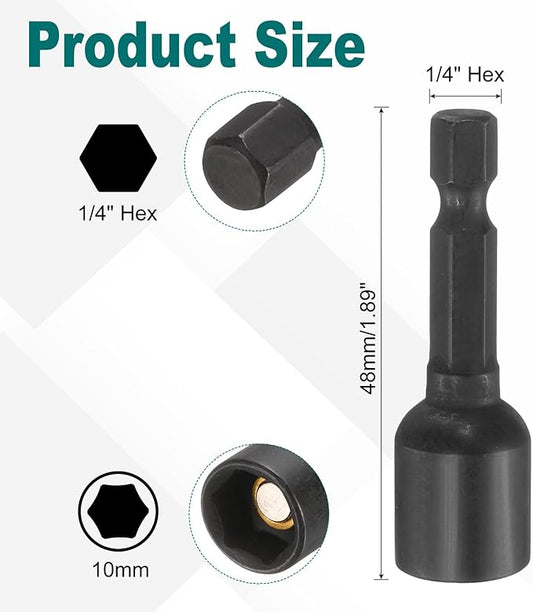 uxcell 2Pcs 1/4" Hex Shank 10mm Magnetic Hex Socket 48mm Length, CR-V Steel Quick-Release Impact Driver Socket Wrench Screw for Impact Drill Power Nut Setter