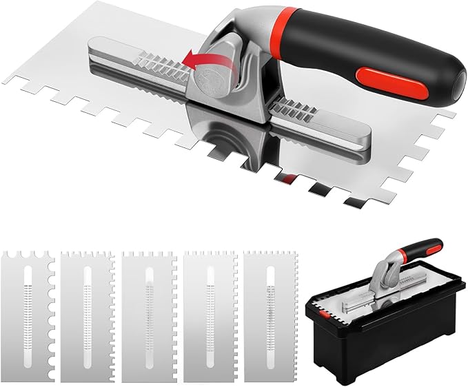 Switchable Tile Trowel Set ??6 Interchangeable Notched Blades with Quick-Lock Handle, Stainless Steel Trowel Kit for Mortar, Thinset & Tile Installation