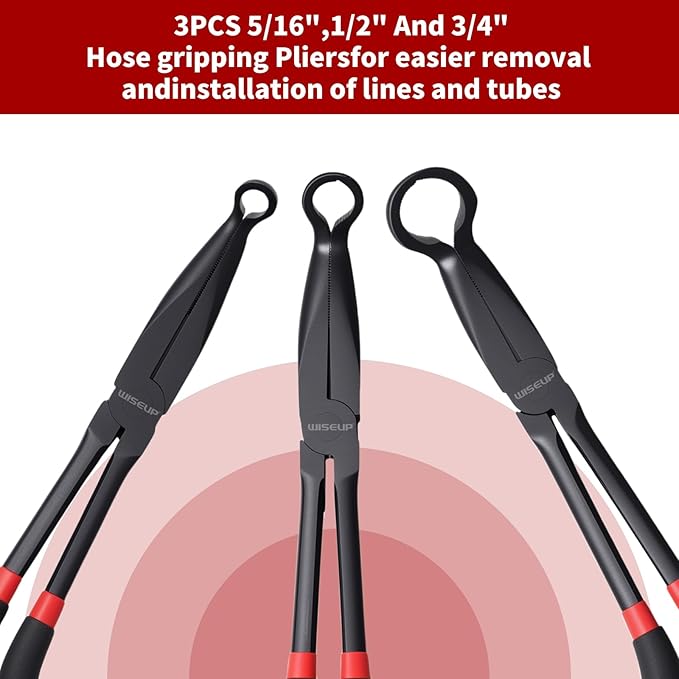 WISEUP 3-Piece 11" Long Reach Hose Grip Pliers Set, 5/16-Inch, 1/2-Inch, 3/4-Inch Dia O-shape nose plier for Easy Removal and Installation of Automotive Hoses and Fitting
