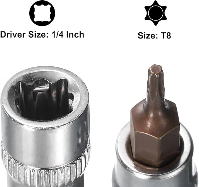 uxcell 3pcs 1/4" Drive x T8 Torx Bit Socket, S2 Steel Bits CR-V Sockets 38mm Length Use with Ratchet Wrench, Slide Bar, Extension Rod