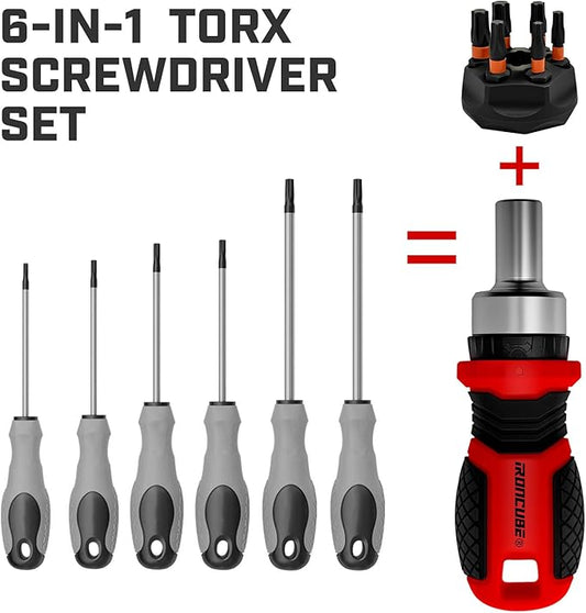Magnetic Torx Screwdriver Set: 6 in 1 Multi Bit Drive Set with Interchangeable Ratchet Handle - Portable Repair Tool Kit for DIY Bicycle Furniture - Stocking Stuffers with Gift Box