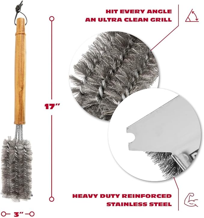 BBQ-AID All Angles BBQ Grill Brush for Outdoor Grill ??Cleans All Angles, Large Wooden Handle, and Stainless Steel Bristles - BBQ Brush for Grill Cleaning ??Grill Cleaner Brush Safe for BBQ and Grill