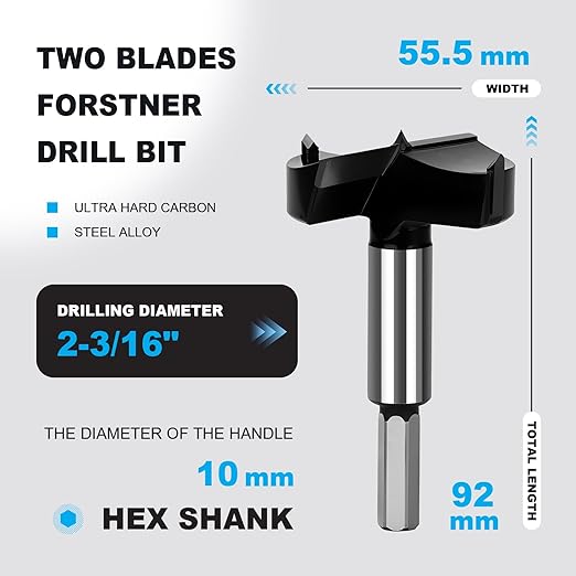 2-3/16 Inch Forstner Drill Bit Carbide Tipped,Woodworking Hinge Cutter for Precise Flat Bottom Holes in Hard Wood,Plywood,Plastic - Professional Grade